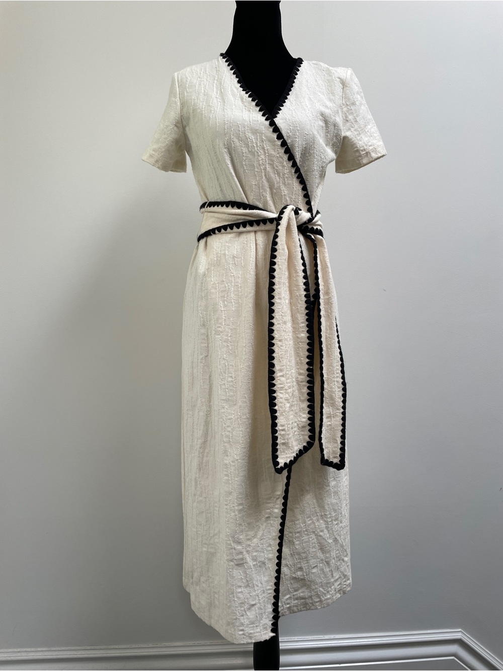 Zara Textured Cream Wrap Midi Dress with Black Scallop Trim, Size S